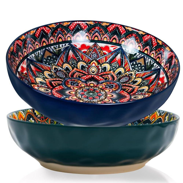 Zohsfbet Large Serving Bowls, 10 inch Porcelain Bowls, 75 Oz Fruit Salad Soups & Pasta Bowls for Entertaining, Dinner, Party - Stylish Decorative Dishes, Set of 2, Microwave & Dishwasher Safe - GREEN