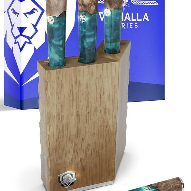 Dalstrong Steak Knives Block Set - 5 inch 4 Piece Set - Valhalla Series - Premium 9CR18MOV HC Steel - Celestial Resin & Wood Handle - Razor Sharp - Kitchen Cooking Chef's Knife - Leather Sheath