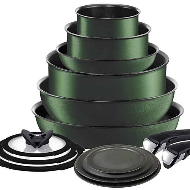T-fal Ingenio Nonstick Cookware Set 14 Piece Induction Stackable, Removable Handle Pots and Pans, Dishwasher Safe Green