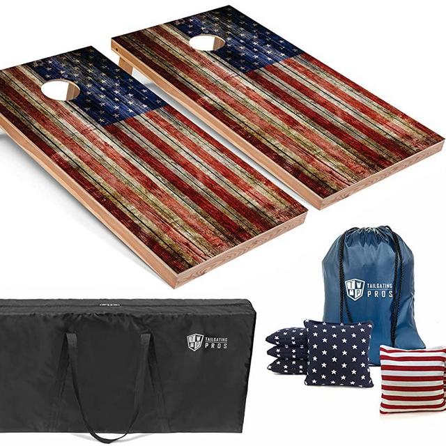 Tailgating Pros American Flag Wooden Plank Design Cornhole Board Set w/Bean Bags and Carrying Case - 4'x2' Corn Hole Toss Game - Optional LED Lights
