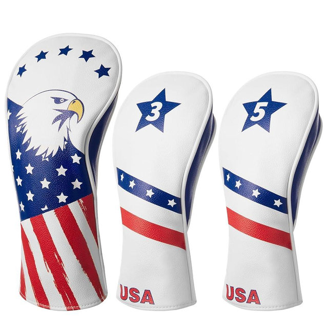 Fitense Golf Head Covers, 3 Pack Golf Club Head Covers USA Stars and Stripes, Velour Lined for Extra Club Protection, Designed to Fit All Woods and Drivers Velour Lined