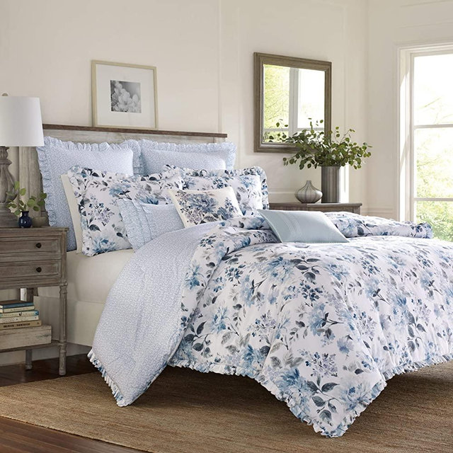 Laura Ashley | Chloe Collection | Luxury Ultra Soft Comforter, All Season Premium Bedding Set, Stylish Delicate Design for Home Décor, King, Cottage Blue