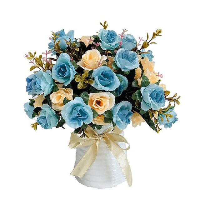 LY EMMET Artificial Rose Bouquets with Ceramics Vase Fake Rose Flowers Decoration for Table Home Office Wedding-Blue