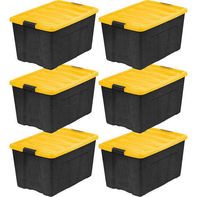 IRIS USA 72 Qt Stackable Plastic Storage Bins with Lids, 6 Pack - BPA-Free, Made in USA - Garage Organizing Solution, Latches, Durable Nestable Containers, Secure Pull Handle - Black/Yellow