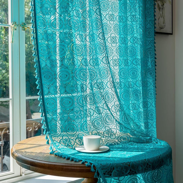 YJ YANJUN Boho Lace Curtains 84 inch Length, Teal Sheer Window Panels | 2 Panels, Lace Design with Tassel trim, Light Filtering, Turquoise Drapes for Living Room Bedroom and Vintage Electic Decor