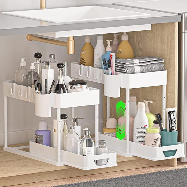 Seasky 2 Pack Adjustable Height Under Sink Organizers and Storage, 2 Tier Sliding Bathroom Organizer, Kitchen Organizer Multipurpose Under Sink Cabinet Storage with 8 Hooks and 2 Hanging Cup