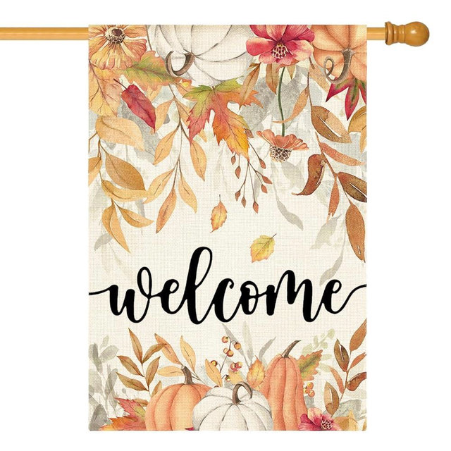 AVOIN colorlife Fall Flowers House Flag 28 x 40 Inch Double Sided, Autumn Floral Pumpkin Seasonal Welcome Yard Outdoor Flag