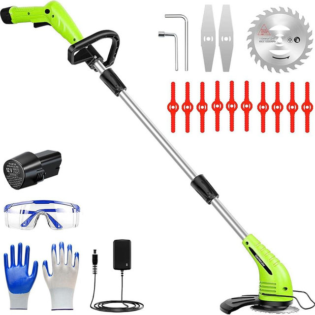 GardenJoy Weed Wacker Battery Operated: 12V Cordless Grass Trimmer with 2.0Ah Battery, Fast Charger and 3 Types Cutting Blade, Portable Electric Lawn Trimmer for Garden Yard Weeding Work