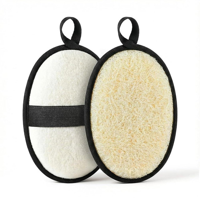 RIYNIBIY Natural Loofah for Men, 2PCS Black & White Set Egyptian Luffa Body Scrubber for Shower & Bath, Quick-Drying Exfoliating Sponge Pad for Men's Hygiene & Body Care - Travel Essentials & Gym Tool