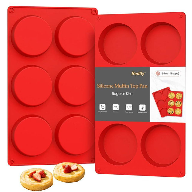 Redfly Silicone Egg Molds for Breakfast Sandwiches 2 Pcs, Non Stick 3 Inch Egg Bites Baking Pans, Silicone Muffin Pans for Baking, Round Muffin Top Pan for Whoopie Pie Pan, Tarts, Quiche