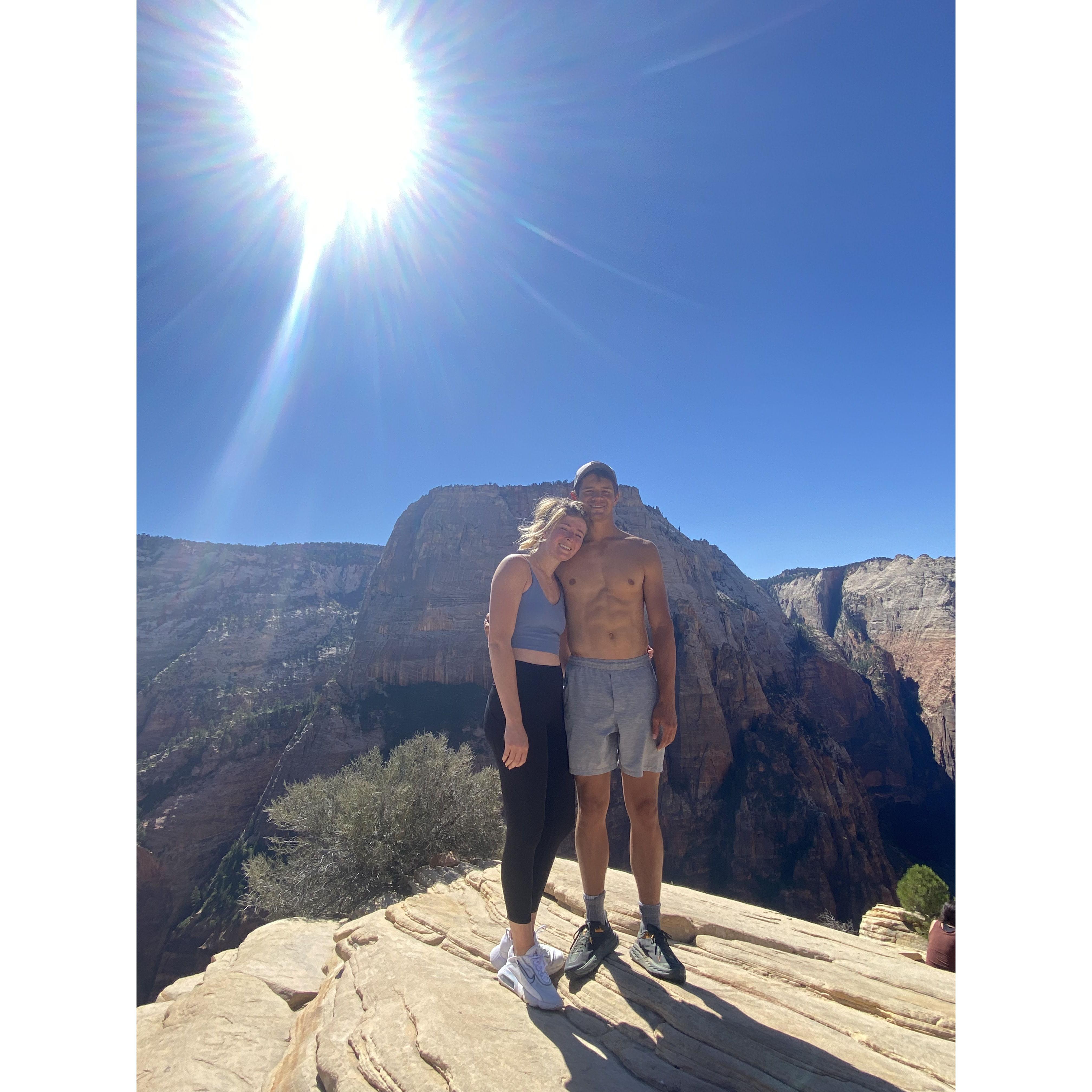 At the top of Angels Landing, not for the weak or those that have a fear of heights.