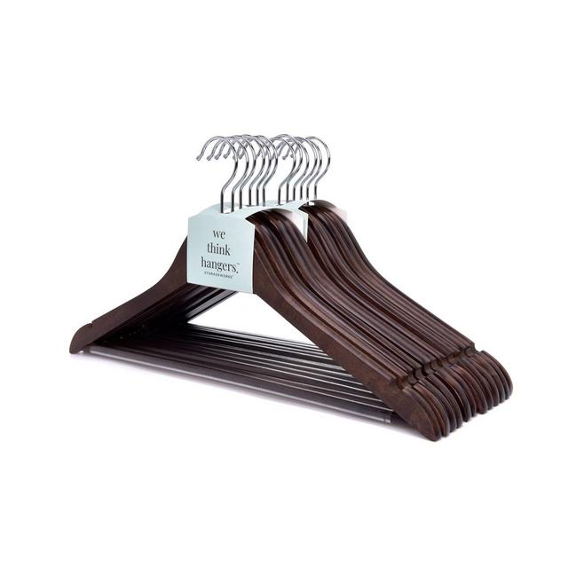 StorageWorks 12pk Solid Wood Premium Hangers with Non-Slip Pants Bar and Notches Brown
