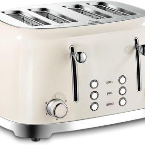 4 Slice Toaster Roter Mond Retro Stainless Steel with Bagel Defrost Cancel Function, 6 Browning Settings, Extre Wide Slot and Removable Crumb Tray, Cream, ST033