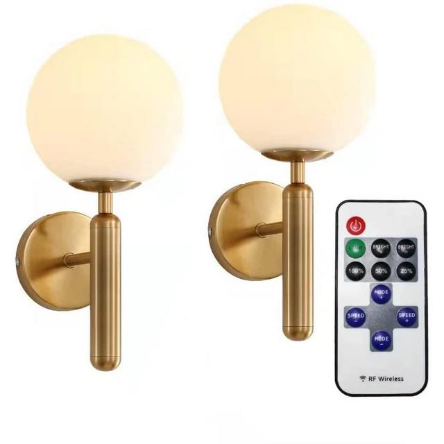 Wall Sconce Light Set of 2,Led Remote Control Battery Operated Indoor Wireless Metal Wall Light Fixture,Modern Golden Globe Glass Wall Lamp for Bedside Bedroom Bathroom Loft Wall Decor