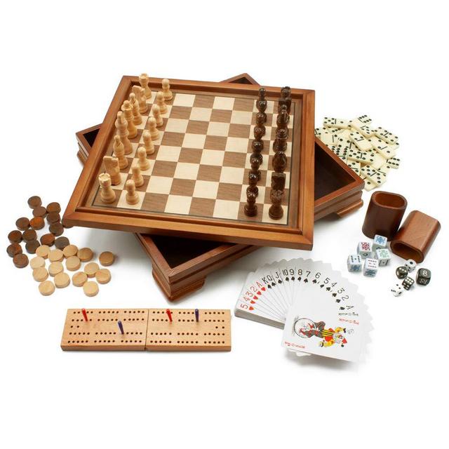 Wooden 7-in-1 Chess, Checkers, Backgammon, Playing Cards, Poker Dices, Dominoes and Cribbage Board Game Combo Set