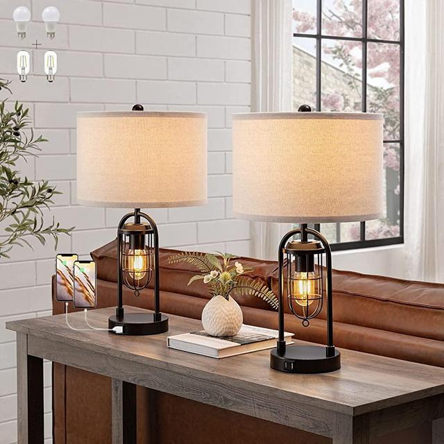 KAWOTI Set of 2 Farmhouse Table Lamps with USB Ports and Night Light Modern Nightstand Lamp Set of 2 for Living Room Bedroom（Bulbs Included）