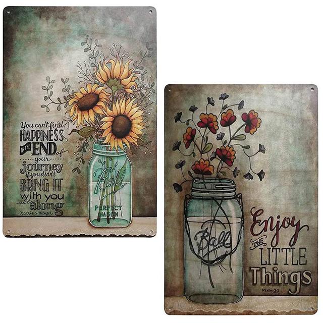 TISOSO Enjoy The Little Things Colorful Sunflower Retro Vintage Tin Sign Primitive Country Farmhouse Home Decor Sign 2Pcs-7.8X11.7Inch