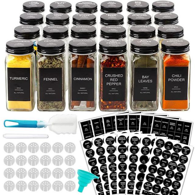 AISIPRIN 24 Pcs Glass Spice Jars with 398 Labels, 4oz Empty Square Containers Seasoning Bottles - Shaker Lids, Funnel, Brush and Marker Included(Black Metal Caps)