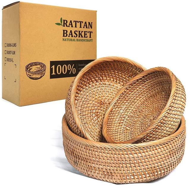 LDG Bread Serving Basket 3 Size Wicker Fruit Basket Rattan Storage Basket Handmade Basket Decorative Bowl (Flat Edge-LMS, 3pcs)