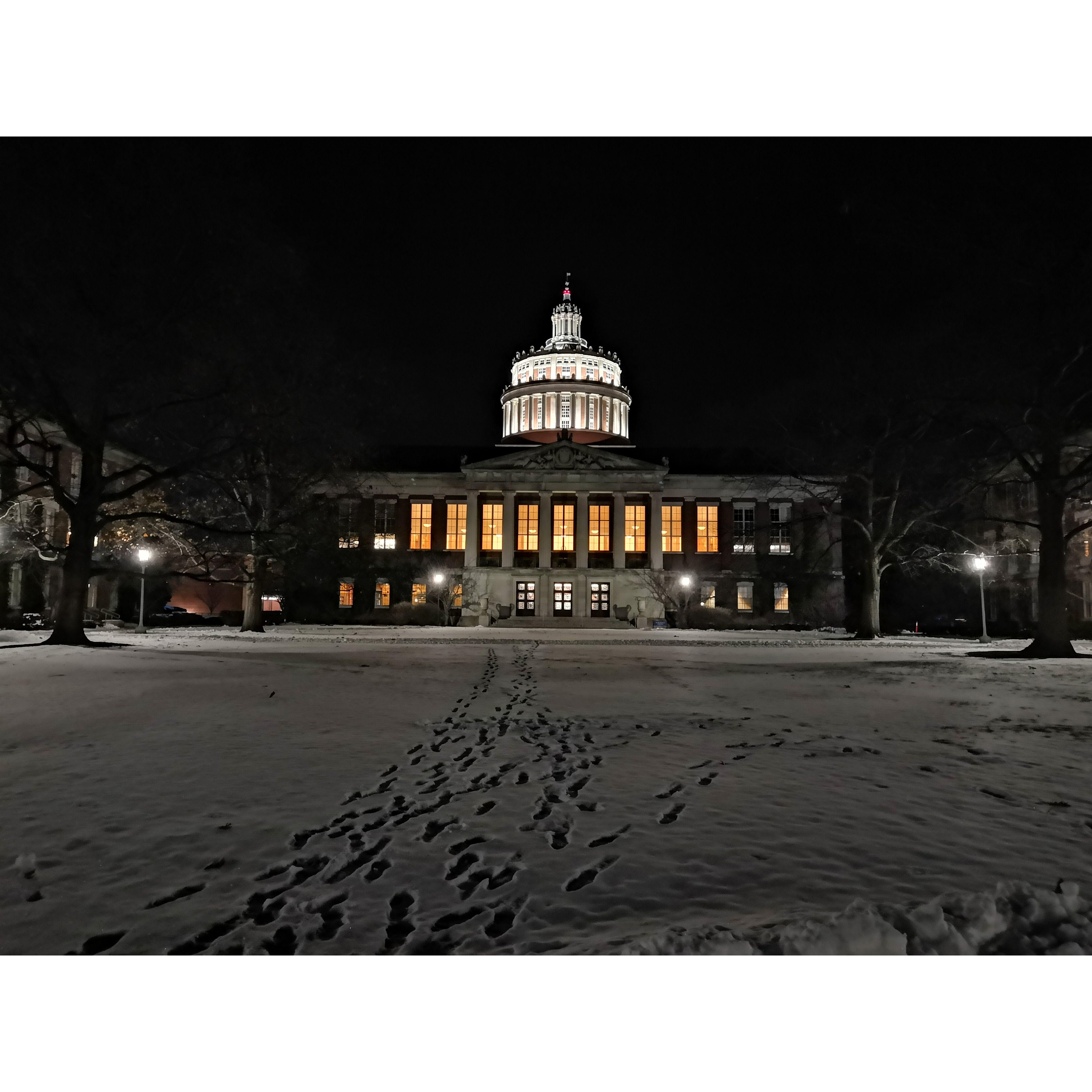 Rush Rhees Library at night
