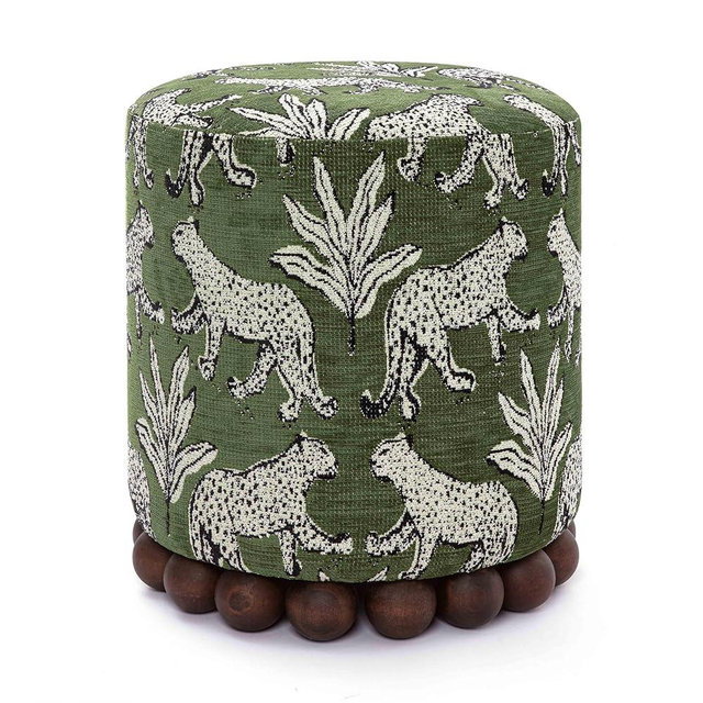 First of a Kind Ottoman Foot Rest - Olive Green Round Ottoman Stool with Solid Wood Spherical Orbs - 15.7" W x 15.7" D x 18.3" H - Handmade, Easy Clean, 330 lbs Weight Capacity