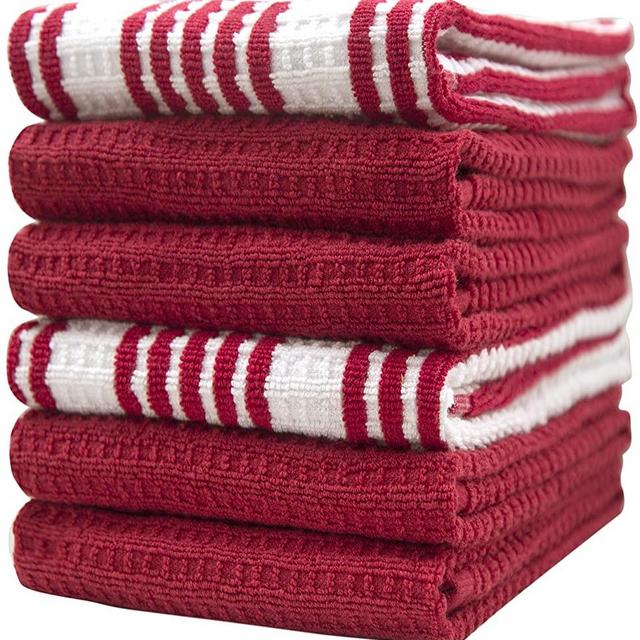 Premium Kitchen Towels (16”x 28”, 6 Pack) – Large Cotton Kitchen Hand Towels – Striped Waffle Yarn Dyed – 380 GSM Highly Absorbent Tea Towels Set with Hanging Loop - Red