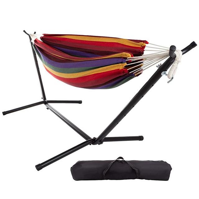 Double Brazilian Hammock with Stand Included – Woven Cotton, 2-Person, Outdoor Swing with Frame for Camping, Backyard, or Patio by Pure Garden (Red, Purple & Yellow)