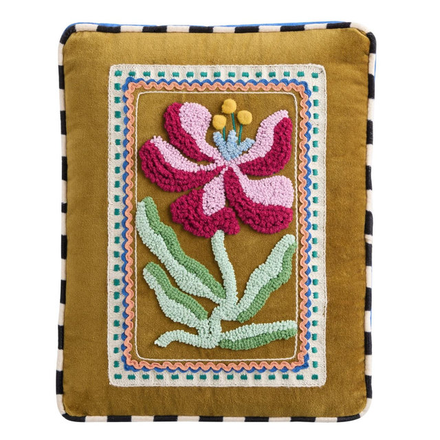 Multicolor Velvet Tufted Vintage Flower and Check Throw Pillow