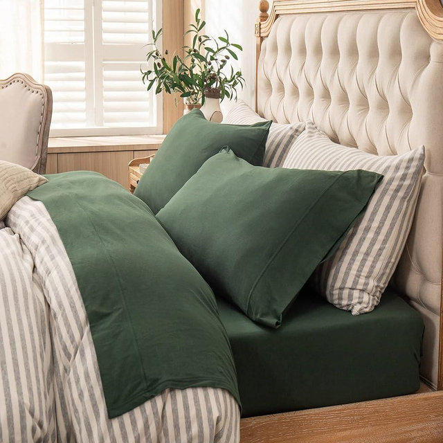 PURE ERA Jersey Knit 3pc Bed Sheet Set 100% T-Shirt Heather Cotton Super Soft Comfy Breathable Fits Mattress Up to 20" Extra Deep Pocket (Forest Green, Twin)