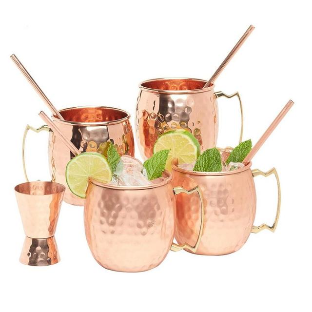 Pure Copper Moscow Mule Mugs Set of 4 (16oz) w/ 4 Straws & 1 Jigger | Wedding, Anniversary Gift Set