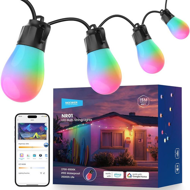 NEEWER 48ft Outdoor String Lights, App Control Smart AI RGBW Hanging Outside Patio Balcony Backyard Holiday Lighting, IP65 Waterproof, 15 LED Bulbs, 50+ Scenes, Compatible with Alexa Google, NR01
