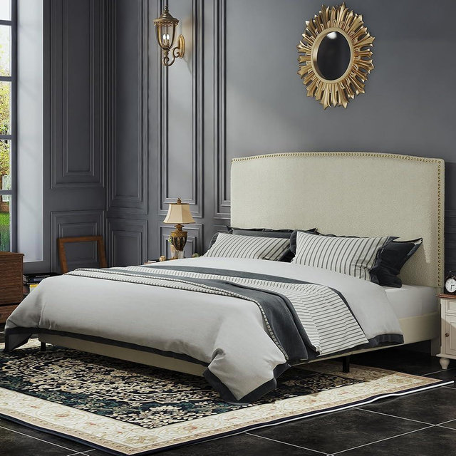 BarnFurin King Size Bed Frame with Upholstered Headboard, 56" Modern Platform Bed, Soft Boucle Fabric & Gold Nailhead Trim, No Box Spring Required, Cream