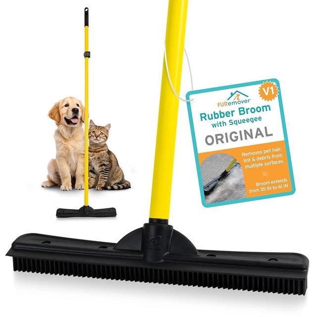 FURemover Original Plus Pet Hair Rubber Broom with Squeegee, with 61" Telescopic Handle for Carpet, Tile and Hardwood