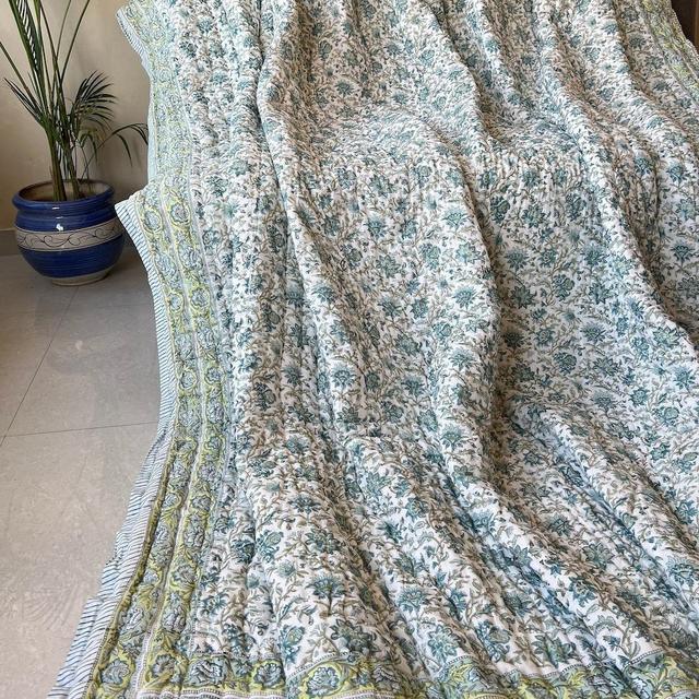 Hand Block Printed Quilt Handmade floral Cotton Quilted Quilt Cotton Blanket Handmade Bedspread, Queen Quilt, 100% Cotton Blanket Throw