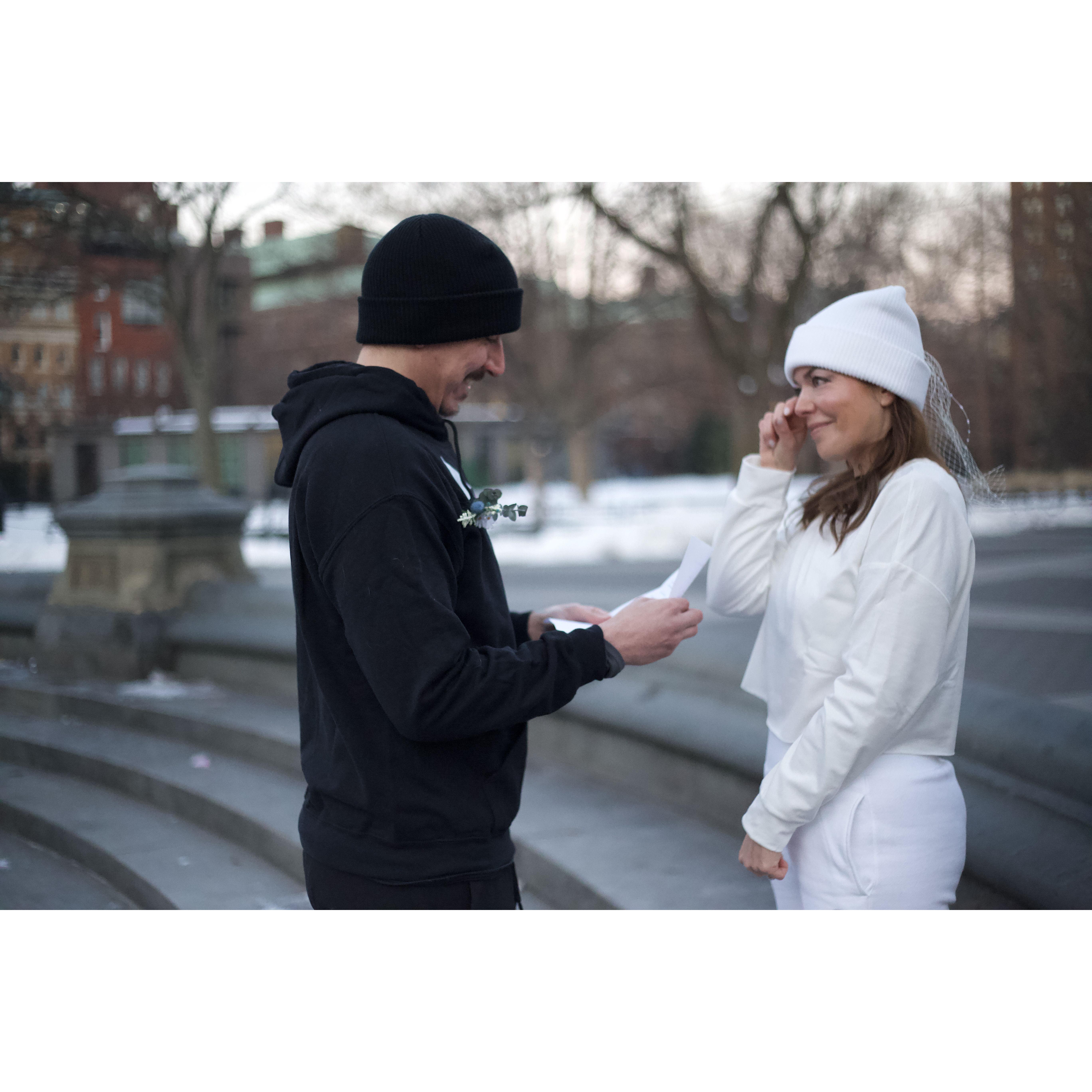 Alex wipes a tear at their elopement ceremony.