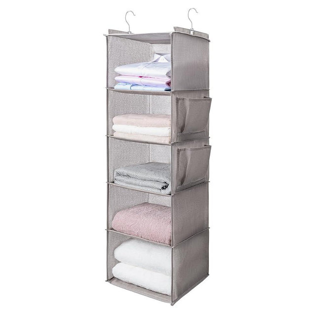 BOOMIBOO Hanging Closet Organize and Shelves，5-Hanging Shelf with 2 Side Pockets，Storage Foldable （Light Grey）
