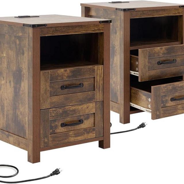 Puntogen Brown Night Stand Set of 2, Rustic End Table with Charging Station, Farmhouse Tall Nightstand for Bedroom, Drawer Dresser Bedside Table with Open Storage Shelf
