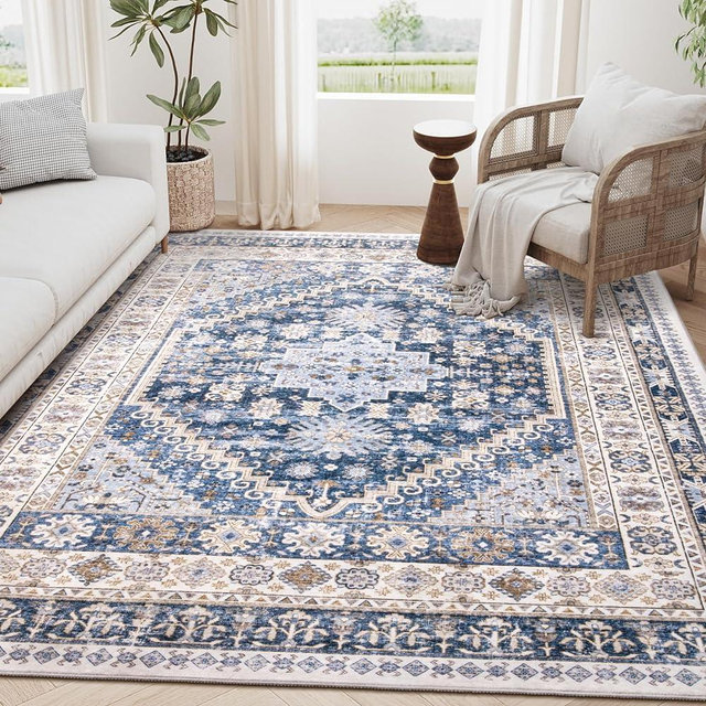 zesthome 8x10 Area Rugs for Living Room,Non-Slip Backing Washable Rugs,Vintage Large Area Rug,Stain Resistant Home Decor Rug (Blue/Beige,8'x10')