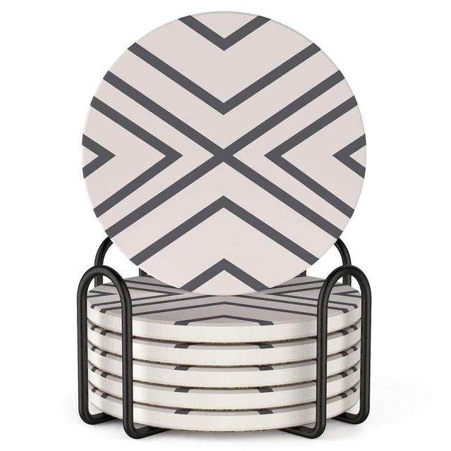 Lifver 6 Piece Absorbent Stone Coaster Set With Holder,Drink Spills Coasters, Grey-Lines
