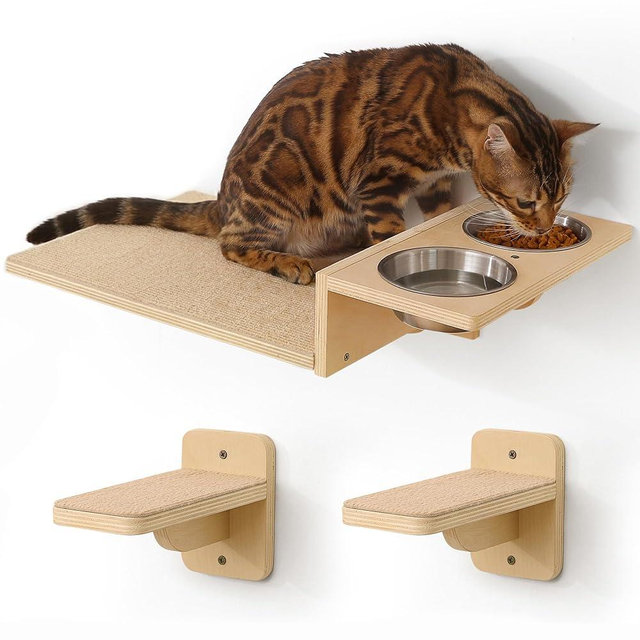 FUKUMARU Cat Wall Shelves, 3 in 1 Cats Walls Furniture Set, Food Station with 2 Steps, Birch Plywood Perch, Suitable for Kitten Play, Nap, Eat, DIY Wall Jungle Gym
