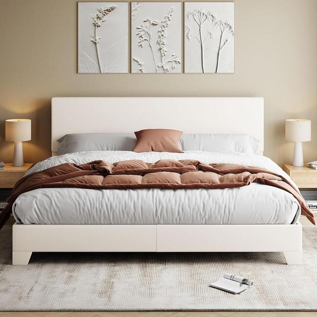 Allewie King Size Bed Frame with Adjustable Headboard, Faux Leather Platform Bed with Wood Slats, Heavy Duty Mattress Foundation, No Box Spring Needed, Noise-Free, Easy Assembly, White