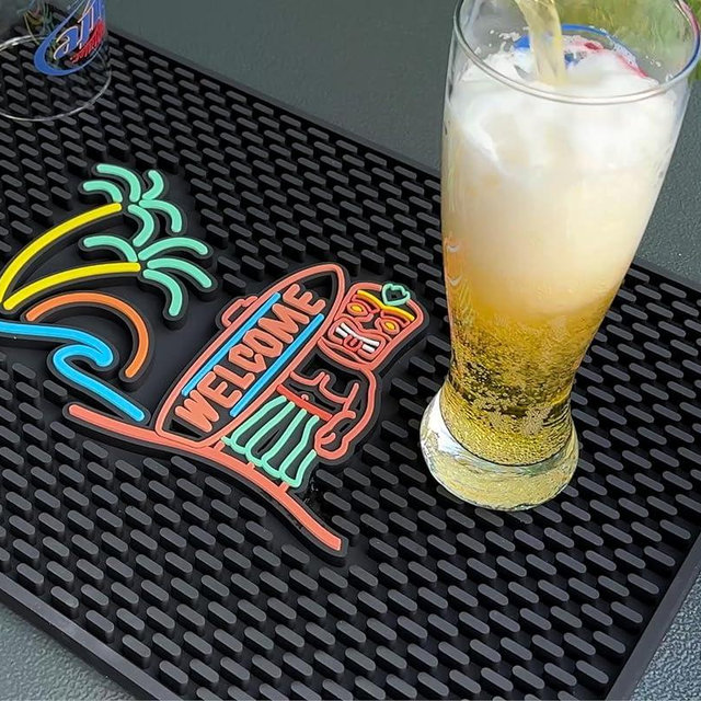 Tiki Bar Mats for Countertop 18 x 12 Tiki Bar Decor Mat Unique Tiki Man Warrior Design with Surfboard Welcome Greeting Tiki Decor, Outdoor Tiki Bar Sign and Luau Party Decorations