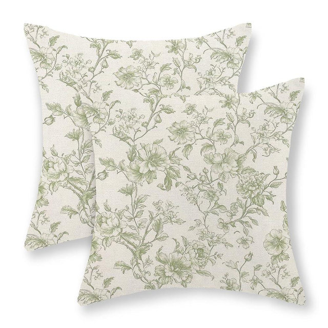 JEFERSO Sage Green Pillow Covers 18x18 Inch Set of 2 Chinoiserie Light Green Floral Throw Pillows Vintage Toile Flower Decorative Pillow Cases Outdoor Floral Decor Linen Cushion Case for Couch Sofa