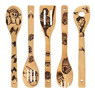 Star War Burned Wooden Spoons Utensil Set Gift Idea Cooking Serving Utensils Natural Bamboo Kitchen House Warming Presents Slotted Spoon 5 Piece