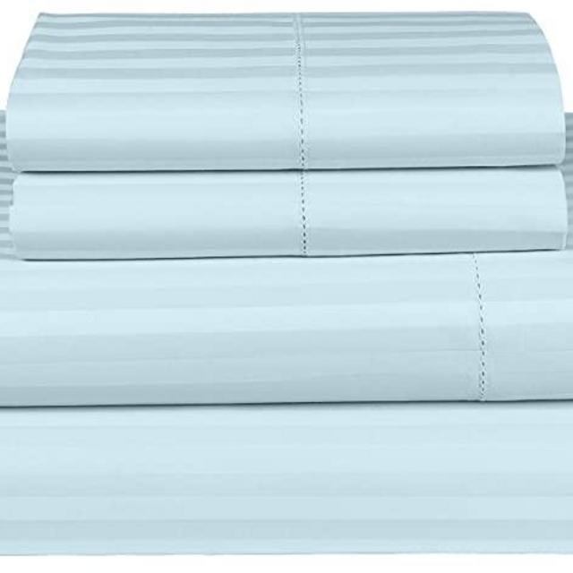 Threadmill Home Linen 600 Thread Count 100% ELS Cotton Bedsheet, 1CM Damask Stripe Blue Queen Size 4 Piece Bed Sheet Set Luxury Sateen Sheets Fits Mattress with Deep Pocket