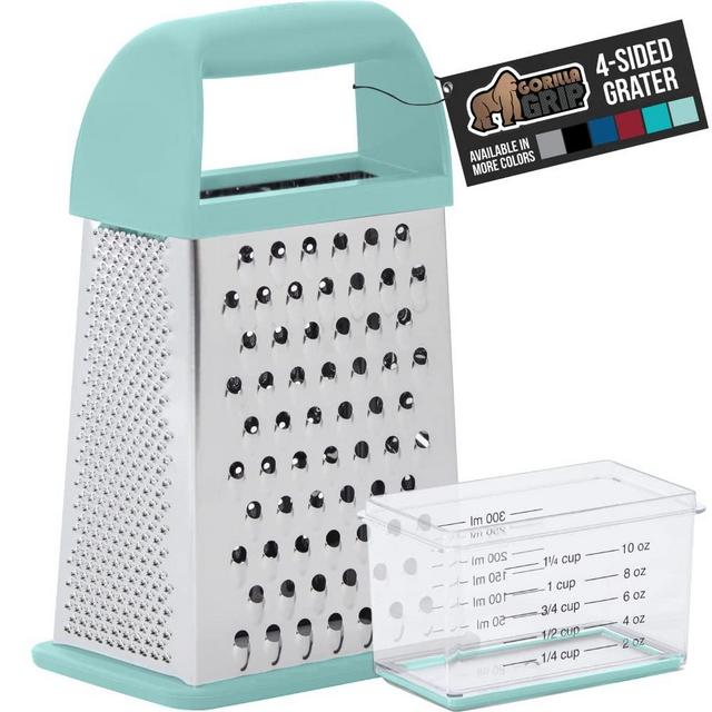 Gorilla Grip Box Grater, Stainless Steel, 4-Sided Oversized Graters with Handle for Cheese, Vegetables, Ginger, Handheld Food Shredder with Container, Zester, Slice, Zest, Shred, Grate, 10inch, Mint