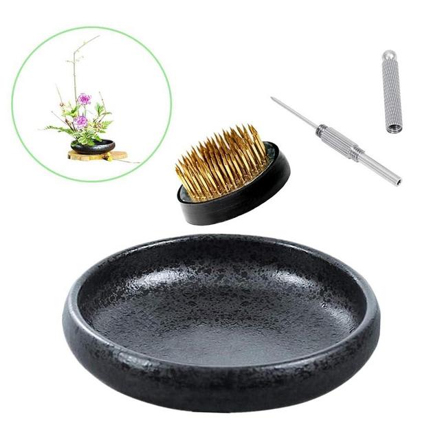 Japanese Ikebana Vase Kit, Flower Shallow Container Ceramics Ikebana Vase with 1.57inch Flower Frog and Floral Frog Floristry Kenzan Needle Straightening Tool (Frosted Bowl A with Spots)
