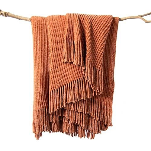 LIFEIN Throw Blanket for Couch-Soft Boho Throw Blanket,Cozy Knit Farmhouse Chenille Throw,Small Knitted Lightweight Blanket&Throws for Bed,Chair,Sofa,Home Decor,Women,Man,Spring(Orange/Rust,60*80in)