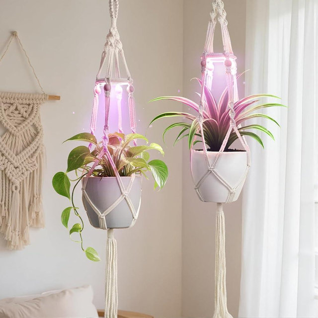MSFON Macrame Plant Hanger with Grow Light: 2 Pack Boho Hanging Planters with Light for Indoor Plants, Ideal for Apartments, Small Spaces, Low-Light Rooms (GrowPro Spectrum)