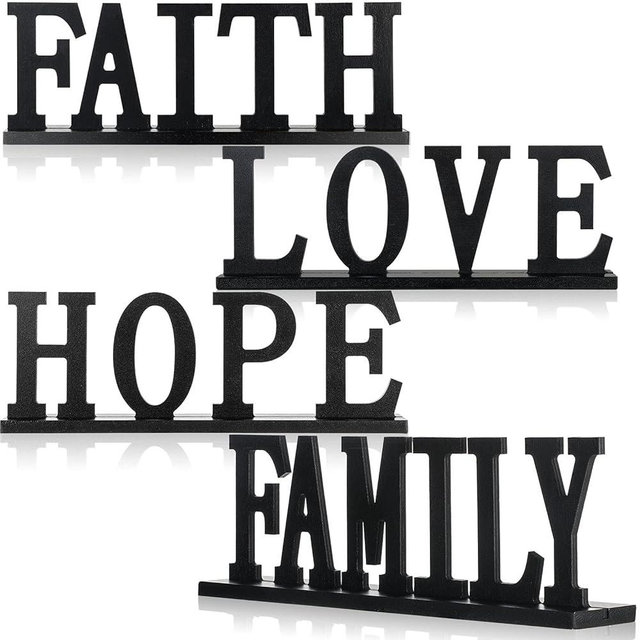4 Pieces Love Faith Hope Family Wood Word Sign Black Wooden Cutout Letter Table Decor Rustic Letter Tabletop Decorations Freestanding Wood Sign for Home Room Fireplace Table Centerpiece Decoration